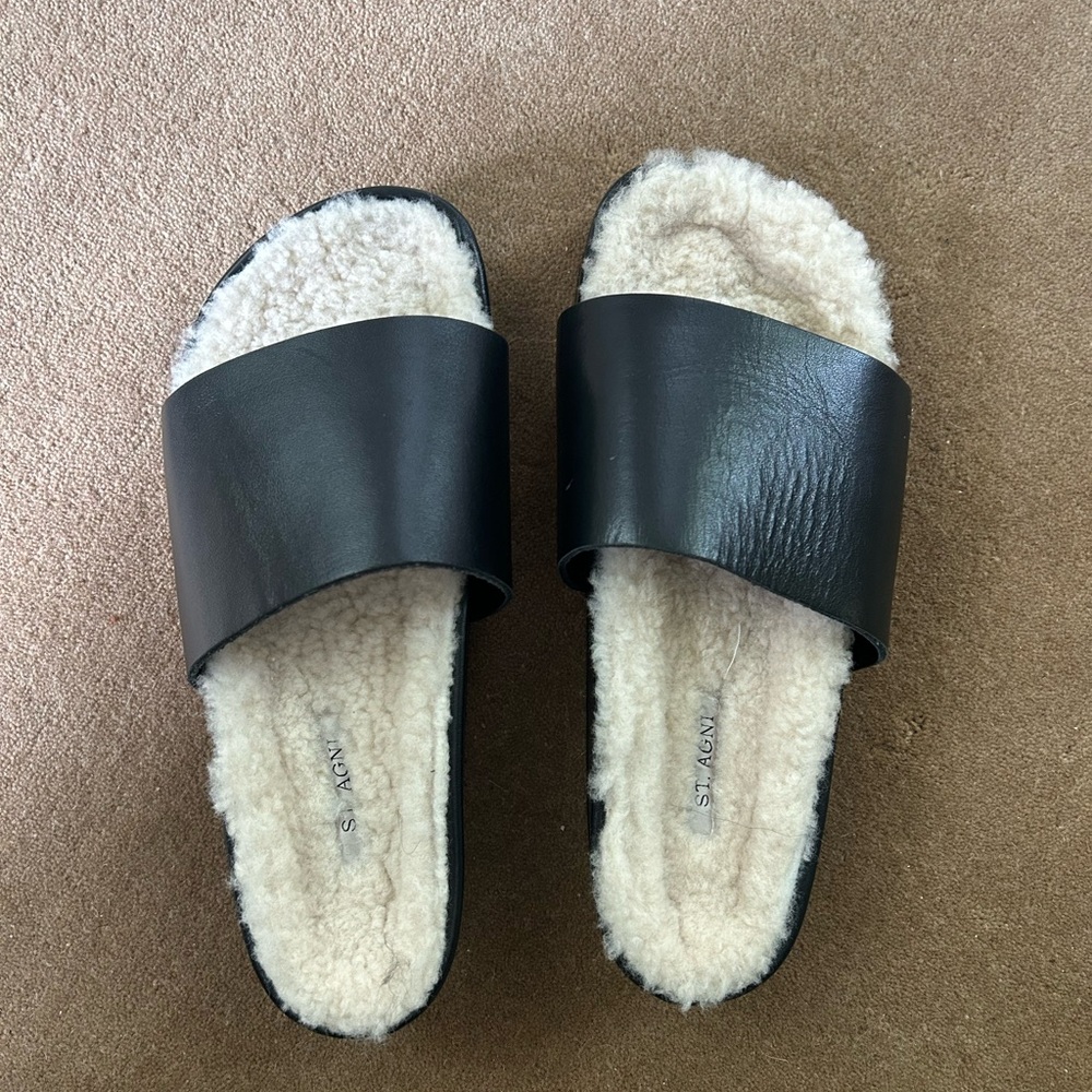 St.Agni black slides with shearling foot bed size 38